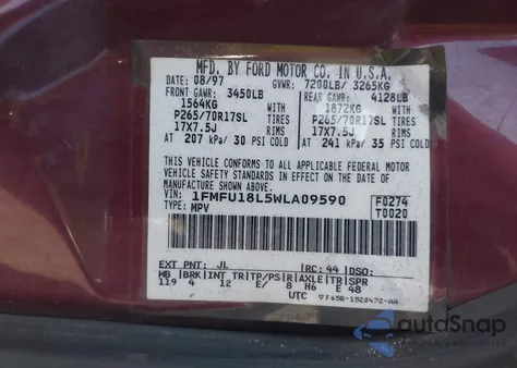 1998 Ford Expedition Eddie Bauer/Xlt z USA, uszkodzony, nr VIN 1FMFU18L5WLA09590